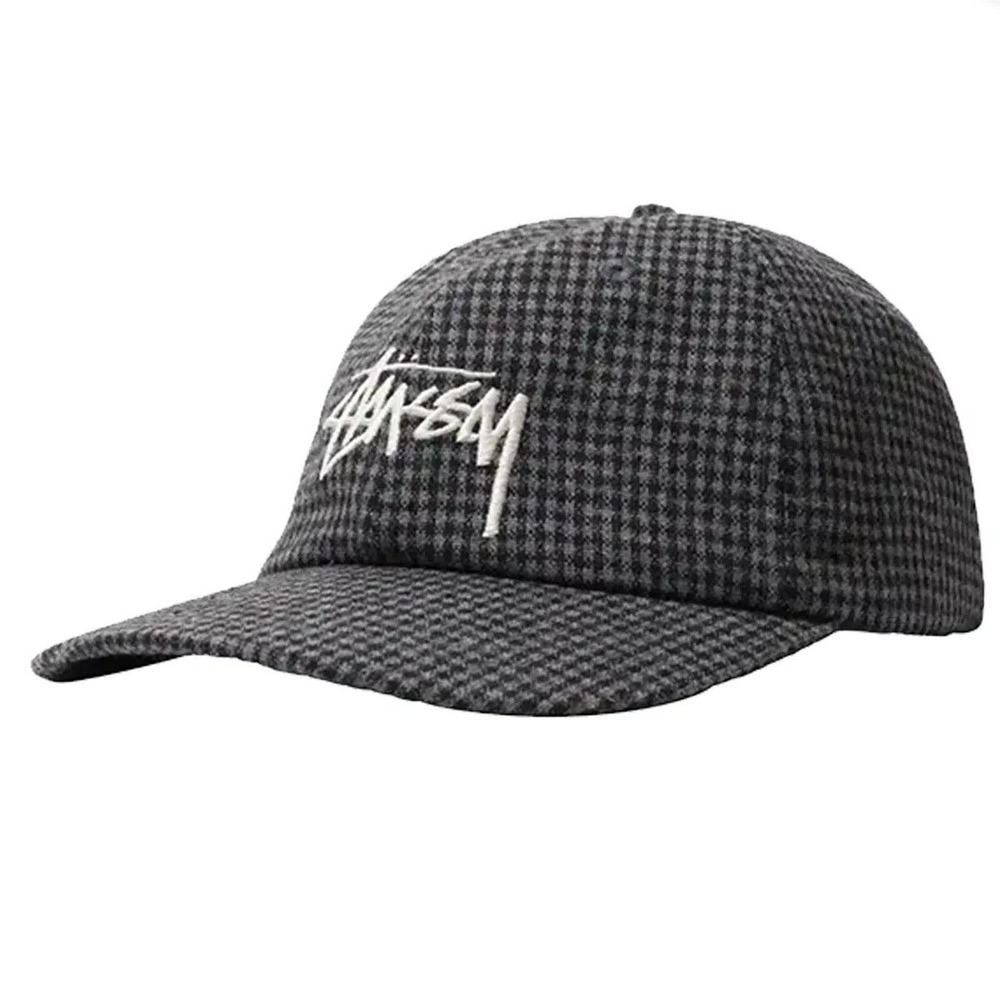 STUSSY WOOL CHECK BIG STOCK LOW PRO CHARCOAL CAP HAT One Size Embroidered